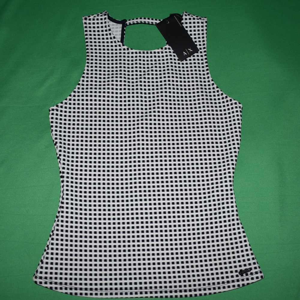Black and white sleeveless blouse from Armani Exchange